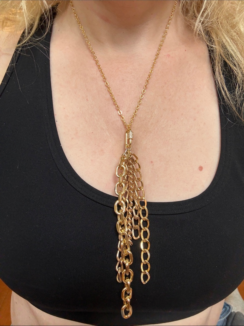 Hand-Crafted Gold Tassel Chain Necklace With Bedazzled Carabiner